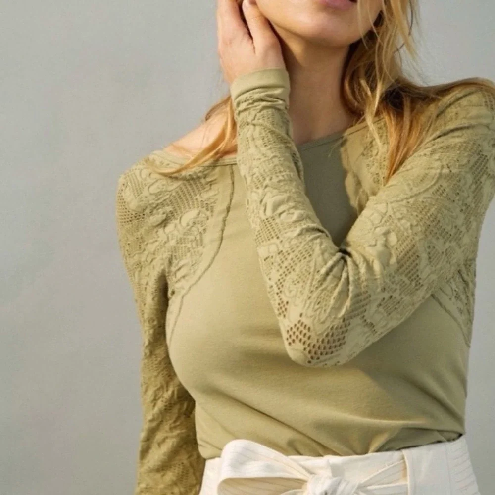 New Anthropologie Lace Detail Boat Neck‎ Long Sleeve Top Olive Green stretch s